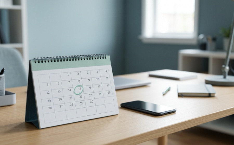 Calendário com um dia marcado em verde, ao lado de documentos
